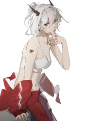 Rule 34 | 1girl, absurdres, arknights, arm tattoo, barcode, barcode tattoo, bare shoulders, black nails, blood, blood on face, blood on hands, breasts, cleavage, closed mouth, collarbone, cowboy shot, dragon horns, earrings, grey hair, hand on own face, highres, horns, jacket, jewelry, khrnnfz, long sleeves, looking at viewer, medium breasts, nail, navel, open clothes, open jacket, orange eyes, pants, photoshop (medium), red jacket, red pants, short hair, solo, sports bra, talulah (arknights), tattoo