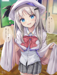 Rule 34 | 1girl, :d, bat hair ornament, blue eyes, blurry, blurry background, bow, capelet, collared shirt, commentary request, depth of field, door, dress shirt, fang, grey capelet, grey cloak, grey hair, grey skirt, hair ornament, hands up, head tilt, heart, highres, indoors, little busters!, looking at viewer, maruma (maruma gic), noumi kudryavka, open mouth, pleated skirt, red bow, shirt, signature, skirt, smile, solo, translated, white shirt, wooden floor