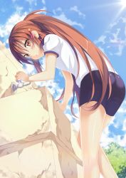 Rule 34 | 1girl, ass, bell, hair bell, bike shorts, black shorts, brown eyes, brown hair, derivative work, gym uniform, hair bell, hair ornament, highres, kneepits, little busters!, long hair, looking at viewer, natsume rin, official art, outdoors, shorts, signature, solo, tempestdh