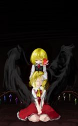 Rule 34 | 2girls, angel wings, ascot, black vest, black wings, blonde hair, bow, collared shirt, covering another&#039;s eyes, covering own eyes, dark, evil smile, flandre scarlet, hair bow, hand on another&#039;s chin, hand over another&#039;s eyes, hands on lap, highres, multiple girls, red eyes, red skirt, red vest, rumia, seiza, shirt, short hair, sitting, skirt, smile, touhou, vest, white shirt, wings, zakozako y