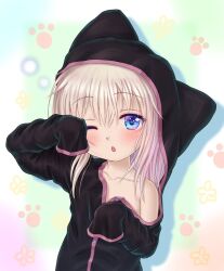 Rule 34 | 1girl, :o, armpit crease, baggy clothes, black hoodie, black pajamas, blue eyes, blush, buttons, cat pajamas, chestnut mouth, collarbone, commentary request, dot nose, flat chest, floral background, gradient hair, highres, hood, hood up, hoodie, long hair, long sleeves, looking at viewer, messy hair, multicolored hair, off shoulder, one eye closed, open mouth, original, pajamas, paw print, paw print background, petite, pink hair, ruju ametoneco, solo, straight hair, upper body, very long sleeves, white hair