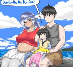 Rule 34 | 1boy, 2girls, :&gt;, baby shark (song), black eyes, black hair, blue skin, blush, breasts, cloud, cloudy sky, colored skin, earrings, family, fang, father and daughter, fins, fish tail, green eyes, hand on another&#039;s head, headpat, highres, holding, holding toy, hoop earrings, imperiumdraws, jewelry, kneeless mermaid, large breasts, mermaid, monster girl, mother and daughter, multiple girls, navel, open mouth, original, parent and child, pier, pink skirt, pregnant, red shirt, scar, scar across eye, scar on face, shark girl, shark tail, shirt, short hair, shorts, signature, single earring, sitting, sitting on lap, sitting on person, skirt, sky, smile, stomach, stuffed animal, stuffed shark, stuffed toy, tail, tank top, toy, water, white skirt