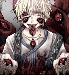 Rule 34 | 1boy, blonde hair, demon, demon pillar (fate), earrings, evil smile, extra eyes, fate/grand order, fate (series), green eyes, hair between eyes, jason (fate), jewelry, male focus, necklace, open mouth, outstretched arms, possessed, short hair, smile, solo