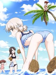 Rule 34 | 4girls, aki (girls und panzer), alisa (girls und panzer), ass, bent over, bikini, black bikini, blue bikini, blue headwear, blue sky, blunt bangs, blurry, blurry background, brown eyes, brown hair, closed mouth, cloud, cloudy sky, coconut, commentary, crotch seam, day, depth of field, drinking straw, frilled bikini, frills, from behind, girls und panzer, green eyes, hair tie, hat, unworn hat, unworn headwear, highres, holding, holding clothes, holding hat, horizon, key (gaigaigai123), leaning forward, light brown hair, long hair, looking at another, looking at viewer, looking back, low twintails, medium hair, mika (girls und panzer), mikko (girls und panzer), multiple girls, navel, no pants, ocean, one eye closed, outdoors, palm tree, pink shirt, red bikini, red hair, shirt, short hair, short twintails, side-tie bikini bottom, sitting, sky, sleeves rolled up, smile, solo focus, sparkle, standing, sweatdrop, swimsuit, tied shirt, tree, twintails, wading, water, water drop, wet