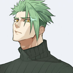 Rule 34 | 1boy, achilles (fate), black sweater, closed mouth, expressionless, fate (series), green hair, grey background, haruakira, highres, looking at viewer, male focus, mature male, orange eyes, portrait, ribbed sweater, short hair, simple background, solo, sweater, turtleneck, turtleneck sweater, undercut