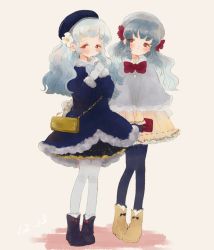 Rule 34 | 2girls, bag, black bow, black dress, black footwear, black leggings, blue coat, blue hair, blue headwear, blush, boots, bow, closed mouth, coat, dated, dot mouth, dress, faux traditional media, flower, footwear bow, frilled dress, frills, fur coat, grey coat, hair flower, hair ornament, handbag, hat, holding, holding bag, leggings, light blue hair, lolita fashion, long hair, looking to the side, multiple girls, original, pantyhose, red bag, red bow, red eyes, ribbon-trimmed dress, rose, shadow, simple background, standing, uni (u2katsu14), wavy hair, white flower, white headwear, white leggings, yellow background, yellow bag, yellow dress, yellow footwear