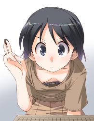 Rule 34 | 1girl, accidental exposure, black bra, black hair, blue eyes, blush, board game, bra, breasts, closed mouth, collarbone, downblouse, girls und panzer, go (board game), gradient background, grey background, highres, leaning forward, nipple slip, nipples, nishihara yasoko, osamada meika, short hair, simple background, small breasts, solo, underwear, white background