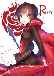 Rule 34 | 1girl, absurdres, bandolier, black dress, blurry, character name, cross, depth of field, dress, english text, flower, grey eyes, highres, red cape, rose, ruby rose, rwby, short hair, solo, yuzas