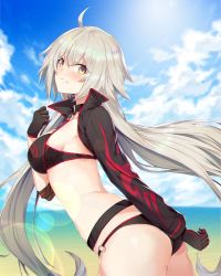 Rule 34 | 1girl, ahoge, ass, bad id, bad pixiv id, beach, bikini, black gloves, blush, breasts, cloud, cropped jacket, day, fate/grand order, fate (series), gloves, hair between eyes, jacket, jeanne d&#039;arc alter (swimsuit berserker) (fate), jeanne d&#039;arc (fate), jeanne d&#039;arc alter (fate), jeanne d&#039;arc alter (swimsuit berserker) (fate), lens flare, long hair, looking at viewer, medium breasts, o-ring, o-ring bottom, ocean, open clothes, open jacket, outdoors, shrug (clothing), silver hair, sky, solo, soya (torga), standing, swimsuit, very long hair, wind, yellow eyes