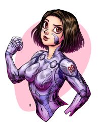 Rule 34 | 1girl, alita, alita: battle angel, battle angel alita, breasts, brown eyes, brown hair, brown lips, clenched hand, commentary, cropped torso, cyborg, english commentary, highres, medium breasts, raised eyebrow, renedraws, signature, smile, solo, upper body
