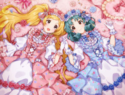 Rule 34 | 2girls, :d, aqua hair, bed sheet, blonde hair, blue bow, blue dress, blue flower, blue ribbon, blue rose, blurry, blush, bow, bowtie, brown eyes, charlotte charlotte (idolmaster), closed mouth, collared dress, commentary, cowboy shot, cross-laced clothes, curly hair, depth of field, dress, dress bow, dress flower, earrings, emily stewart, eye contact, floral print, flower, frilled dress, frilled gloves, frilled hairband, frilled shirt collar, frilled sleeves, frills, gem, glint, glove bow, gloves, hair flower, hair ornament, hair ribbon, hair spread out, hairband, hand up, hands up, heart, heart-shaped pillow, heart earrings, highres, holding hands, idolmaster, idolmaster million live!, idolmaster million live! theater days, interlocked fingers, jewelry, layered dress, lens flare, light blush, light smile, lolita fashion, long hair, long sleeves, looking at another, lying, medium hair, multiple girls, on back, on bed, open mouth, parted bangs, pearl (gemstone), petals, pillow, pinkiepies2, print bow, print dress, purple eyes, red bow, red dress, red flower, red ribbon, red rose, ribbon, rose, rose petals, rose print, smile, striped bow, striped bowtie, striped clothes, striped ribbon, sweet lolita, symbol-only commentary, tokugawa matsuri, twintails, very long hair, white dress, white flower, white gloves, white rose, wide sleeves