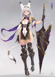 Rule 34 | 1girl, animal ear fluff, animal ears, armor, armored boots, armpits, bare shoulders, black gloves, black thighhighs, boots, breasts, brooch, cat ears, cleavage, color guide, commentary request, dress, full body, gloves, gold trim, hair between eyes, hairband, highres, holding, holding weapon, icchiramen, jewelry, lance, large breasts, looking at viewer, original, pauldrons, pelvic curtain, polearm, purple eyes, short hair, shoulder armor, signature, silver hair, single pauldron, sleeveless, sleeveless dress, solo, tail, thighhighs, thighs, weapon