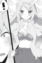 Rule 34 | !, 1boy, 1girl, akatsuki kojou, blush, bra, breasts, cleavage, closed mouth, collared shirt, greyscale, highres, horns, kasugaya shizuri castiella, long hair, looking at viewer, manyako (mohumohu), medium breasts, monochrome, navel, non-web source, novel illustration, official art, open clothes, open mouth, open shirt, pleated skirt, shirt, skirt, smile, split screen, spoken exclamation mark, strike the blood, torn clothes, torn shirt, underwear, wing collar