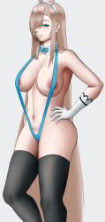 Rule 34 | 1girl, absurdres, areola slip, asuna (blue archive), bikini, blonde hair, blue archive, blue eyes, blush, breasts, gloves, hair over one eye, halo, hand on own hip, highres, large breasts, leggings, long hair, mole, mole on breast, poketune, slingshot swimsuit, smile, solo, standing, swimsuit, teeth