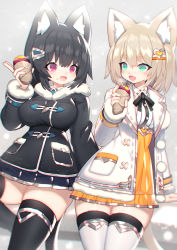 Rule 34 | 2girls, :d, animal ear fluff, animal ears, black coat, black hair, blonde hair, blush, breasts, cat ears, coat, commentary request, dress, eye contact, fang, food, food on face, fur trim, green eyes, hair ornament, hairclip, heart, heart hair ornament, holding, holding food, large breasts, looking at another, looking to the side, mamuru, miniskirt, multiple girls, open clothes, open coat, open mouth, orange dress, original, red eyes, roasted sweet potato, short dress, short hair, skirt, smile, snow, steam, sweet potato, thick thighs, thighhighs, thighs, white coat, winter clothes, winter coat, roasted sweet potato, zettai ryouiki