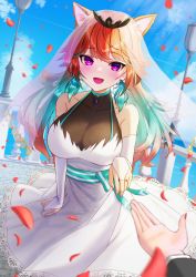 Rule 34 | 1girl, animal ears, aqua hair, blush, bow, breasts, bridal gauntlets, bridal veil, cat ears, choker, cleavage, collarbone, dress, earrings, elbow gloves, feather earrings, feathers, fingernails, gloves, highres, hololive, hololive english, inari (ambercrown), jewelry, lamppost, large breasts, long hair, looking at viewer, multicolored hair, open hand, open mouth, orange hair, ornate ring, out of frame, outstretched arm, pendant choker, petals, pink eyes, pov, ring, smile, solo focus, strap gap, streaked hair, takanashi kiara, tiara, two-tone hair, veil, virtual youtuber, waist bow, water, wedding, wedding dress, wedding ring, white gloves