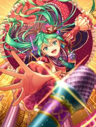 Rule 34 | 1girl, blurry, blurry foreground, commentary request, depth of field, fantasy, flying, foreshortening, green eyes, green hair, hatsune miku, highres, long hair, looking at viewer, microphone, minatsu yui, outstretched arm, palace, reaching, reaching towards viewer, skirt, smile, solo, twintails, vocaloid