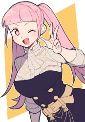 Rule 34 | 1girl, ascot, breasts, do m kaeru, fire emblem, fire emblem: three houses, garreg mach monastery uniform, hilda valentine goneril, large breasts, long hair, looking at viewer, nintendo, one eye closed, open mouth, pink eyes, pink hair, smile, solo, twintails, upper body, w, white ascot