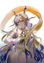 Rule 34 | 1girl, :/, arknights, bare shoulders, belt, black background, blonde hair, closed mouth, cowboy shot, dragon girl, dragon horns, expressionless, gradient background, grey eyes, grey hair, hair between eyes, hair intakes, holding, holding sword, holding weapon, horns, jacket, jewelry, long hair, long skirt, long sleeves, looking at viewer, multicolored hair, necklace, off shoulder, open clothes, open jacket, pointy ears, purple hair, purple horns, reach far away (viuooczy), shu (arknights), skirt, solo, standing, strapless, sword, tube top, unfinished, very long hair, weapon, white background, white belt, white jacket, white skirt, white tube top, yellow horns