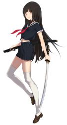 1girl bad_id bad_twitter_id black_hair black_serafuku brown_eyes female_focus from_side full_body highres katana loafers long_hair looking_at_viewer natsuhara school_uniform serafuku sheath shoes short_sleeves simple_background skirt solo sword thighhighs very_long_hair weapon white_background white_thighhighs