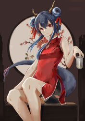 Rule 34 | 1girl, absurdres, arknights, bare arms, bare shoulders, blue hair, ch&#039;en (ageless afterglow) (arknights), ch&#039;en (arknights), china dress, chinese clothes, commentary, cup, double bun, dragon horns, dragon tail, dress, feet out of frame, hair bun, hair ribbon, head tilt, highres, holding, holding cup, horns, ichigo (mitusha), looking at viewer, official alternate costume, red dress, red eyes, red ribbon, ribbon, short dress, short hair with long locks, sidelocks, sitting, sleeveless, sleeveless dress, solo, tail