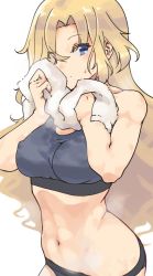 Rule 34 | 1girl, blonde hair, blue bra, blue eyes, blue panties, bra, breasts, covering privates, covering breasts, drying, hair over one eye, holding, holding towel, hornet (kancolle), kantai collection, long hair, looking at viewer, medium breasts, nakadori (movgnsk), panties, simple background, solo, sports bra, sweat, toned, towel, underwear, white background