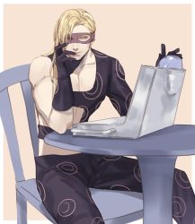 Rule 34 | 1boy, baby face (stand), blonde hair, chair, computer, domino mask, glasses, gloves, jojo no kimyou na bouken, long hair, male focus, mask, melone, sitting, solo, table, vento aureo, yepnean
