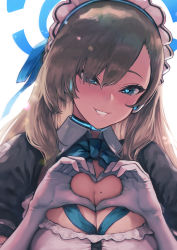 Rule 34 | 1girl, absurdres, asuna (blue archive), blue archive, blue eyes, breasts, brown hair, cleavage, gloves, grin, heart, heart-shaped pupils, heart hands, highres, long hair, maid headdress, mao san, mole, mole on breast, smile, solo, symbol-shaped pupils, white gloves