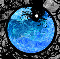 Rule 34 | 1girl, abstract, blue theme, circle, expressionless, floating hair, kazaana, long hair, looking at viewer, monochrome, open mouth, original, psychedelic, solo, upside-down