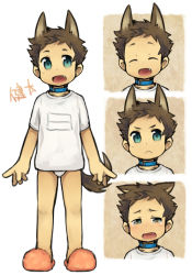 Rule 34 | 1boy, :&lt;, animal ears, bad id, bad pixiv id, blue eyes, brown hair, character name, closed eyes, collar, dog boy, dog ears, dog tail, fang, full body, male focus, open mouth, original, simple background, slippers, smile, solo, tail, tears, translated, underwear, white background