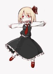 Rule 34 | 1girl, :d, black skirt, blonde hair, blouse, bolos, bow, full body, hair between eyes, hair bow, long sleeves, mary janes, necktie, open mouth, outstretched arms, red bow, red eyes, red footwear, red necktie, rumia, shirt, shoes, short hair, simple background, skirt, smile, solo, touhou, white shirt, wing collar