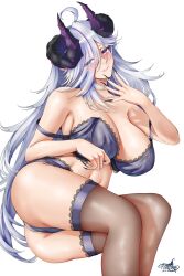 Rule 34 | 1girl, arm up, artist name, ass, blue eyes, blush, bra, bra partially removed, breasts, closed mouth, demon girl, female focus, gradient hair, half-closed eyes, heterochromia, highres, horns, huge ass, huge breasts, lingerie, long hair, looking at viewer, maha5, multicolored hair, nail polish, naughty face, outstretched hand, panties, pink eyes, purple bra, purple panties, ririsu mauveine, simple background, sitting, solo, thighhighs, tisole dead, tongue, tongue out, underwear, very long hair, virtual youtuber, white background, white hair