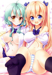 Rule 34 | 2girls, :d, absurdres, aqua hair, black socks, blonde hair, blue eyes, bow, bow panties, bowtie, breasts, brown eyes, dengeki moeou, earrings, fang, feet, hair bow, highres, jewelry, kneehighs, large breasts, long hair, low twintails, multiple girls, navel, no shoes, off shoulder, open clothes, open mouth, open shirt, panties, plaid, plaid skirt, pleated skirt, scan, school uniform, shirt, sitting, skirt, smile, socks, striped clothes, striped panties, thighhighs, tokunou shoutarou, twintails, two side up, underwear, white legwear