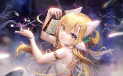 Rule 34 | 1girl, animal ears, armlet, aurora, bangle, bare shoulders, beads, blonde hair, blurry, blurry background, blush, bracelet, branch, dancing, extra ears, eyelashes, fh moya, fingernails, flat chest, flower, folding fan, from side, gem, hair ornament, hair rings, hair stick, half updo, halterneck, hand fan, hands up, head tilt, holding, holding fan, jade (gemstone), jewelry, lips, long hair, looking at viewer, looking to the side, original, pink flower, red gemstone, solo, sparkle, upper body, yellow eyes