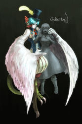Rule 34 | 1boy, absurdres, blue hair, boots, cockatrice, colored skin, dress, feathered wings, feathers, food fighter 441, hat, highres, long hair, monster boy, necktie, open mouth, original, petrification, statue, tail, white skin, wing ears, wings, yellow eyes