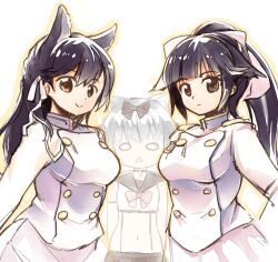 Rule 34 | 3girls, animal ear fluff, animal ears, atago (azur lane), azur lane, black bow, black hair, black sailor collar, black skirt, blunt bangs, bow, breasts, brown eyes, buttons, cat ears, closed mouth, commentary request, cowboy shot, crop top, dog ears, double-breasted, emurin, extra ears, frown, hair flaps, jacket, large breasts, long hair, looking at viewer, midriff, military, military uniform, multiple girls, navel, o o, ponytail, sailor collar, school uniform, serafuku, skirt, smile, suspenders, swept bangs, takao (azur lane), triangle mouth, uniform, white hair, white jacket, white skirt, yukikaze (azur lane)