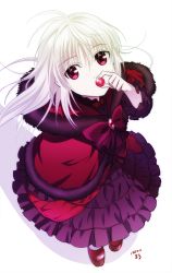 Rule 34 | 10s, 1girl, bad id, bad pixiv id, dress, k-project, kushina anna, long hair, purple eyes, red dress, ruro (artist), ruro (ruro126), silver hair, simple background, solo, white background