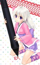Rule 34 | 1girl, player character (mabinogi), bad id, bad pixiv id, bow, character request, female focus, hair bow, heart, irimo, japanese clothes, kimono, kneeling, long hair, looking at viewer, mabinogi, obi, pen, polka dot, polka dot background, ponytail, purple hair, ribbon-trimmed sleeves, ribbon trim, sash, silver hair, smile, solo, white background