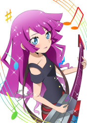 Rule 34 | 1girl, artist request, blue eyes, guitar, instrument, kirishima romin, konami, musical note, purple hair, smile, white background, yu-gi-oh!, yu-gi-oh! sevens