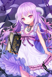 Rule 34 | 1girl, amrita (sword girls), book, chain, dress, endos, frilled dress, frills, hair ribbon, holding, horns, jewelry, layered dress, lock, long hair, lowres, necklace, open mouth, paper, purple hair, red eyes, ribbon, smile, solo, sword girls, very long hair