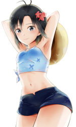 Rule 34 | 1girl, antenna hair, armpits, arms up, black hair, blue shirt, blue shorts, breasts, child, collarbone, cowboy shot, flower, from below, hair flower, hair ornament, hat, unworn hat, unworn headwear, highres, holding, holding clothes, holding hat, idolmaster, idolmaster (classic), kikuchi makoto, looking at viewer, midriff, mogskg, navel, red flower, shirt, short hair, short shorts, shorts, simple background, sleeveless, sleeveless shirt, small breasts, solo, standing, stomach, sun hat, thick thighs, thighs, tied shirt, white background, wide hips