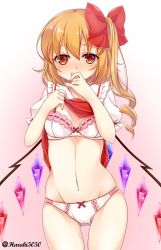 Rule 34 | 1girl, bad id, bad twitter id, blonde hair, blush, bow, bra, breasts, cameltoe, cleavage, clothes lift, commentary request, covered mouth, covering own mouth, cowboy shot, crystal, embarrassed, flandre scarlet, gradient background, hair between eyes, hand over own mouth, haruki (colorful macaron), looking at viewer, navel, panties, pink bra, pink panties, puffy short sleeves, puffy sleeves, raised eyebrows, red bow, red eyes, red vest, shirt, shirt lift, short hair, short sleeves, side ponytail, simple background, small breasts, solo, standing, stomach, thighs, touhou, twitter username, underwear, vest, white shirt, wings