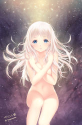 Rule 34 | 1girl, blue eyes, collarbone, colored eyelashes, copyright request, covering privates, covering breasts, full body, gradient background, lips, long hair, looking at viewer, nude, original, paint musume, parted lips, signature, sky, solo, star (sky), starry sky, twitter username
