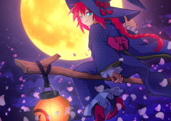 Rule 34 | 1girl, aoiyuya, blue eyes, braid, broom, broom riding, falling petals, frilled kimono, frills, hand on headwear, hat, high heels, highres, japanese clothes, kimono, lantern, long hair, long sleeves, looking to the side, moon, night, night sky, obi, original, petals, pink hair, sash, sidesaddle, sitting, sky, smile, solo, star (sky), starry sky, very long hair, witch, witch hat