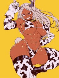 Rule 34 | 1girl, abs, animal ears, animal print, bare shoulders, bell, bikini, black collar, boku no hero academia, breasts, chiaki (tom910), cleavage, clenched teeth, collar, cow horns, cow print, cow print bikini, cowbell, cowboy shot, dark-skinned female, dark skin, elbow gloves, fake horns, female focus, gloves, grin, hairband, highleg, highleg bikini, highres, horns, huge breasts, long hair, mirko, muscular, muscular female, navel, neck bell, orange background, print bikini, print thighhighs, rabbit ears, rabbit girl, rabbit tail, red eyes, smile, solo, standing, standing on one leg, swimsuit, tagme, tail, teeth, thick thighs, thighhighs, thighs, third-party edit, underboob, white gloves, white hair