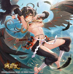 1girl ahoge animal anzumame arm_wrap armpits barefoot bird black_feathers black_hair blonde_hair breast_curtains breasts clothing_cutout copyright_notice copyright_request eyepatch facial_mark feathers hip_armor holding holding_animal holding_bird katana leg_wrap linea_alba long_hair mole mole_on_thigh navel official_art presenting_armpit smile solo sweat sword thigh_cutout thighs triangle_facial_mark weapon yellow_eyes