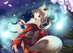 Rule 34 | 1girl, animal ears, breasts, brown eyes, cherry blossoms, cleavage, collarbone, female focus, fox ears, gradient background, hair up, japanese clothes, kaho okashii, kongiku, lantern, large breasts, leaf, leaf on head, lips, nature, night, obi, object on head, oboro muramasa, open mouth, paper lantern, plant, pond, ribbon, sash, silver hair, solo, vanillaware