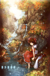 Rule 34 | 1girl, arms at sides, autumn, bad id, bad pixiv id, dated, day, female focus, hakurei reimu, japanese clothes, landscape, miko, nature, outdoors, plant, scenery, shoes, unworn shoes, short hair, sitting, solo, st06, touhou, water, waterfall