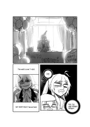 Rule 34 | 1boy, 2girls, antenna hair, ascot, balloon, blank eyes, blazer, chair, clip studio paint (medium), comic, commander (girls&#039; frontline), commentary request, computer, crossed legs, curtains, english text, fnc (girls&#039; frontline), formal, girls&#039; frontline, grin, hair between eyes, half-closed eyes, happy birthday, hat, height difference, highres, indoors, jacket, korean commentary, korean text, laptop, long hair, m14 (girls&#039; frontline), madcore, monochrome, monocle, multiple girls, narcissism, office, office chair, open mouth, own hands together, paper stack, party hat, raised eyebrow, sharp teeth, short hair, sitting, smile, suit, sweatdrop, swivel chair, teeth, translation request, twintails, window