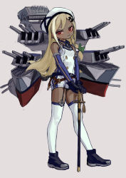 Rule 34 | 1girl, ankle boots, azur lane, bare shoulders, black footwear, blonde hair, blue gloves, blush, boots, buttons, cannon, character request, closed mouth, contrapposto, dark-skinned female, dark skin, double-breasted, dress, elbow gloves, fkey, garter straps, gloves, hands on hilt, hat, head tilt, highres, holding, holding sword, holding weapon, long hair, looking at viewer, machinery, red eyes, rigging, sailor hat, short dress, solo, sword, thighhighs, weapon, white dress, white hat, white thighhighs